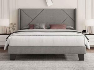 سرير كينج خشب سويدي وكتان 140×200×180 سم - رمادي