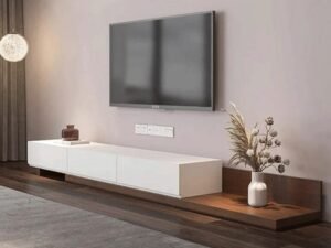 طاولة تلفاز ام دي اف أبيض وبني - 40×210×35 سم