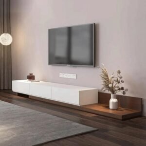 طاولة تلفاز ام دي اف أبيض وبني - 40×210×35 سم