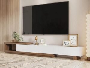 طاولة تلفاز ام دي اف و خشب سويدي ابيض و بني - 280×40×45 سم