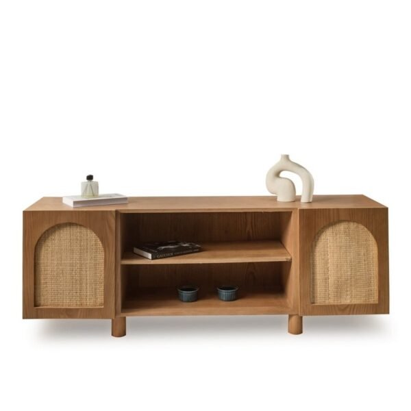 وحدة تلفاز خشب كونتر طبيعي و كانيه بني وبيج - 55 × 160 × 40 سم