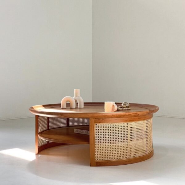 طاولة قهوة خشب زان و كانيه بني وبيج - 42 × 100 × 100 سم