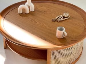 طاولة قهوة خشب زان و كانيه بني وبيج - 42 × 100 × 100 سم