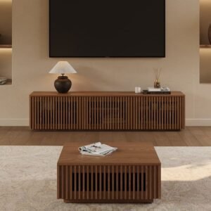 وحدة تلفاز و طاولة قهوة خشب كونتر طبيعي بني - قطعتين