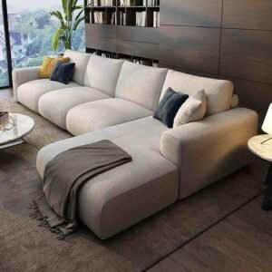 كنبة زاوية كتان وخشب سويدي - بيج