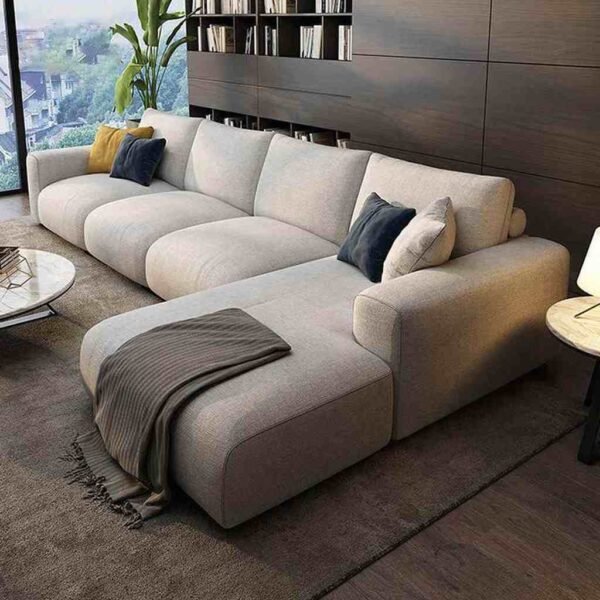 كنبة زاوية كتان وخشب سويدي - بيج