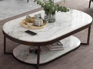 طاولة قهوة خشب رخامي وحديد أسود و أبيض - 120×70×50 سم