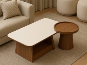 طاولة قهوة خشب طبيعي وخشب قشره الجوز قطعتين - بني