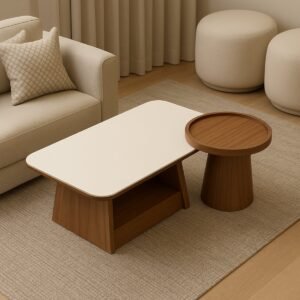 طاولة قهوة خشب طبيعي وخشب قشره الجوز قطعتين - بني